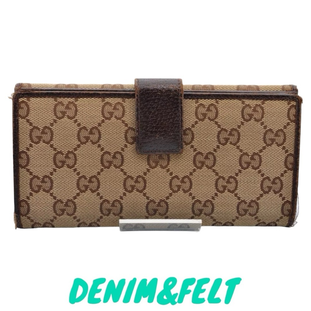 Gucci GG Monogram Canvas Long Wallet Brown Leather Trim Vintage Logo Bar - Picture 3 of 11